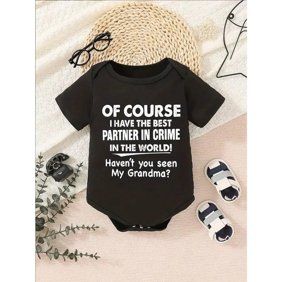 [Casual Bodysuit] Comfy Short Sleeve Infant's Casual Bodysuit, OF COURSE Letter Print Bodysuit | Baby Boy's Outdoor Clothing