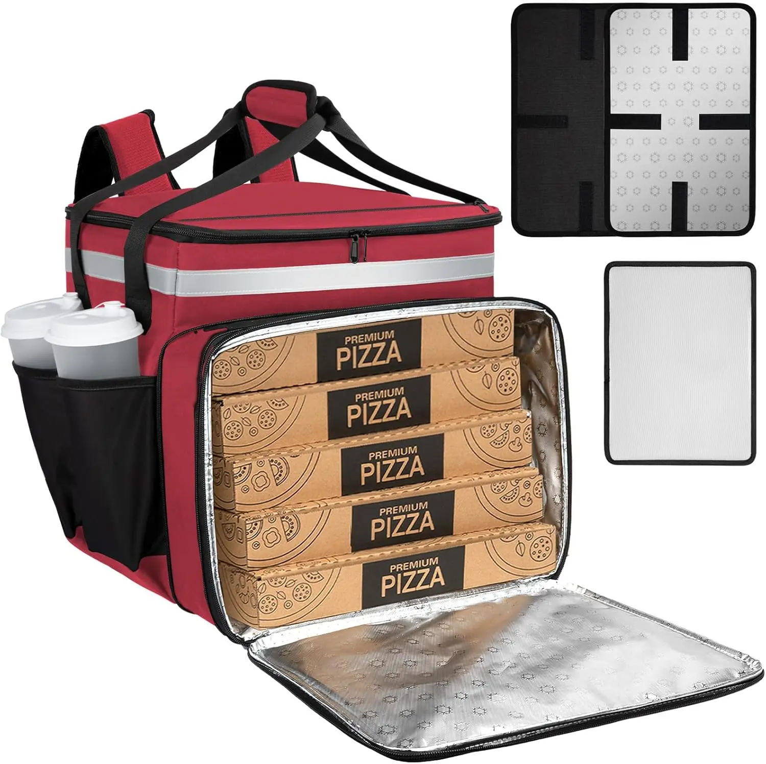 Food Delivery Backpack, Expandable Delivery Backpacks for Hot/Cold with Reflective Strips and Cup Holder, Bike Delivery Bag Backpack Suitable for Uber Eats, DoorDash, Pizza bag, Red