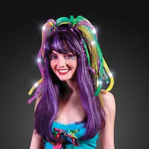 FlashingBlinkyLights HAIRBAND with Purple Green & Gold Springy Mesh Noodles LED Lights for Mardi Gras Carnival Night Fun Runs