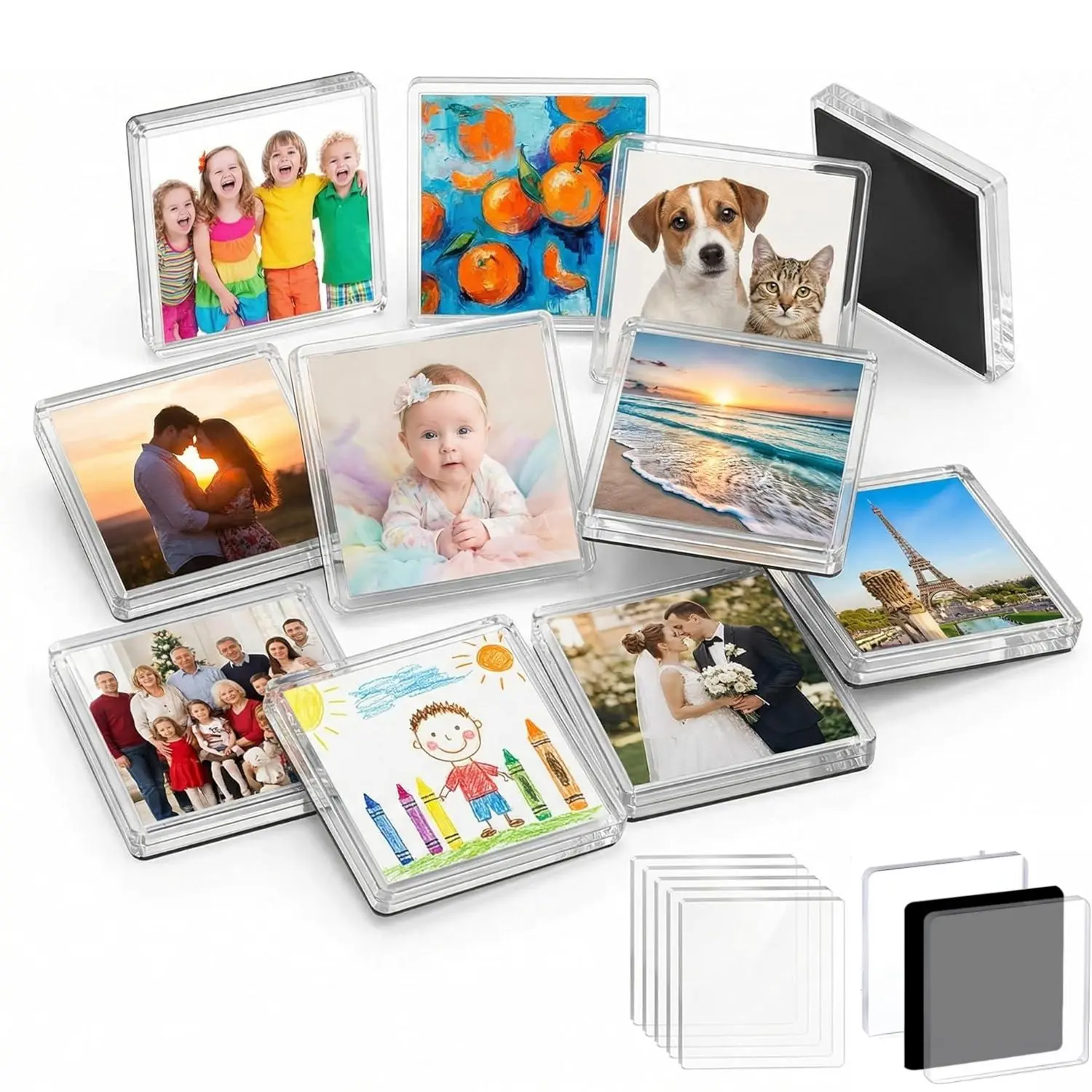 DIY Photo Magnets Kit, 2 x 2 in Clear Acrylic Fridge Magnets with Magnetic Backing for Photos, Kids Art & Gifts