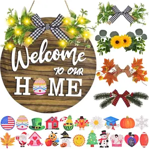 Interchangeable Welcome Home Sign, Front Door Decor With 4 Seasonal Wreaths and 21 Changeable Icons, Rustic Wood Wall Porch Hanger for Holiday Halloween Christmas Housewarming Gift (Brown)