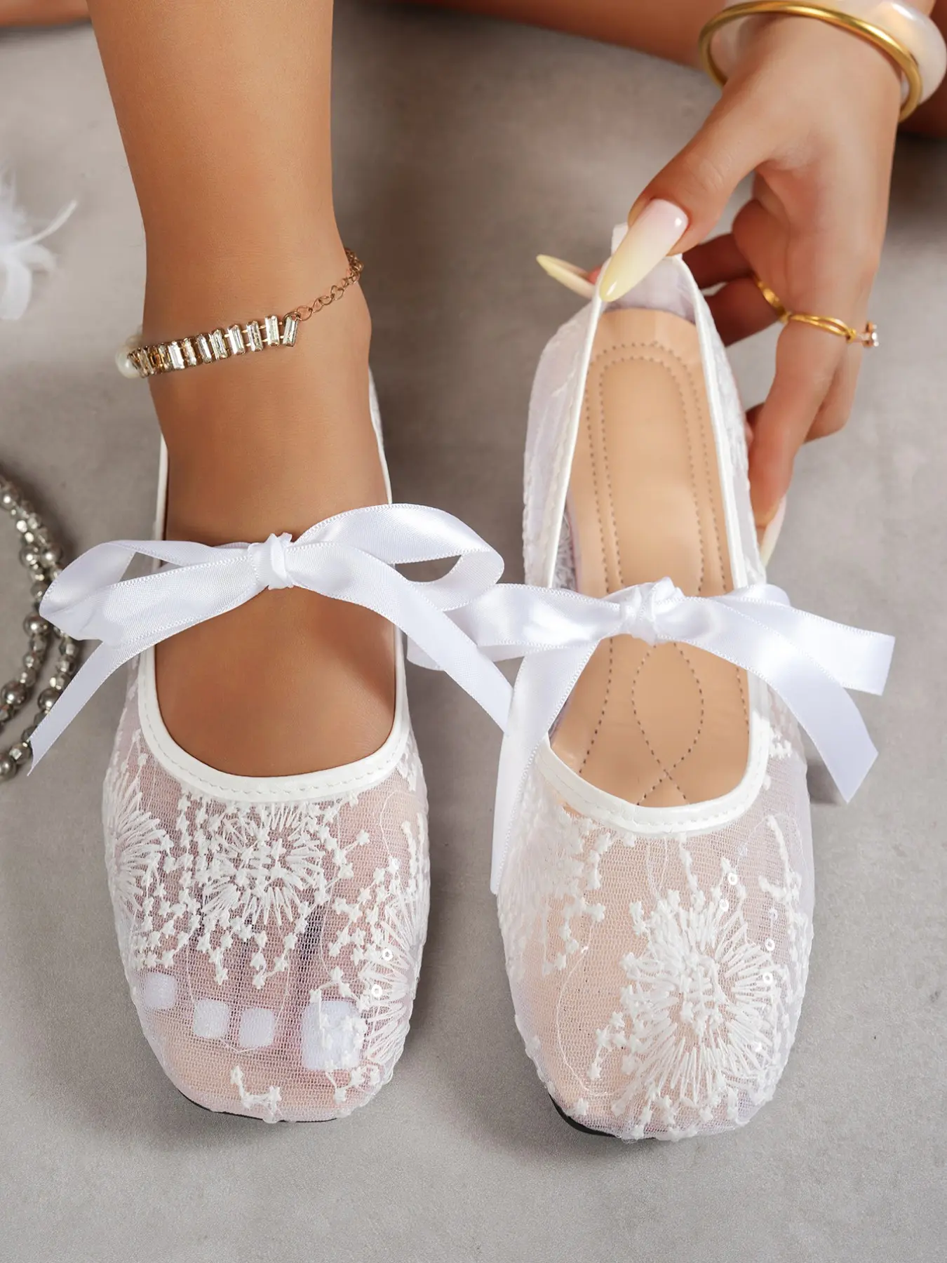 French Style Fairy Mary Jane Shoes, Square Toe Ballet Mesh Flat Single Shoe, Ballerina Flats Shoes, Fashionable Flats, Bowknot Design Flats, Elegant Textile Upper, All Seasons, Medium Width, Women