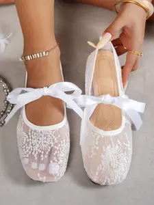 French Style Fairy Mary Jane Shoes, Square Toe Ballet Mesh Flat Single Shoe, Elegant Textile Upper, All Seasons, Medium Width