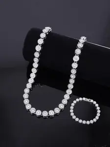 2 Piece Set Round Zircon Rhinestone Necklace Bracelet Set, Unique Cuban Hip Hop Chain Necklace, Elegant Jewelry Set, Party Jewelry for All Seasons
