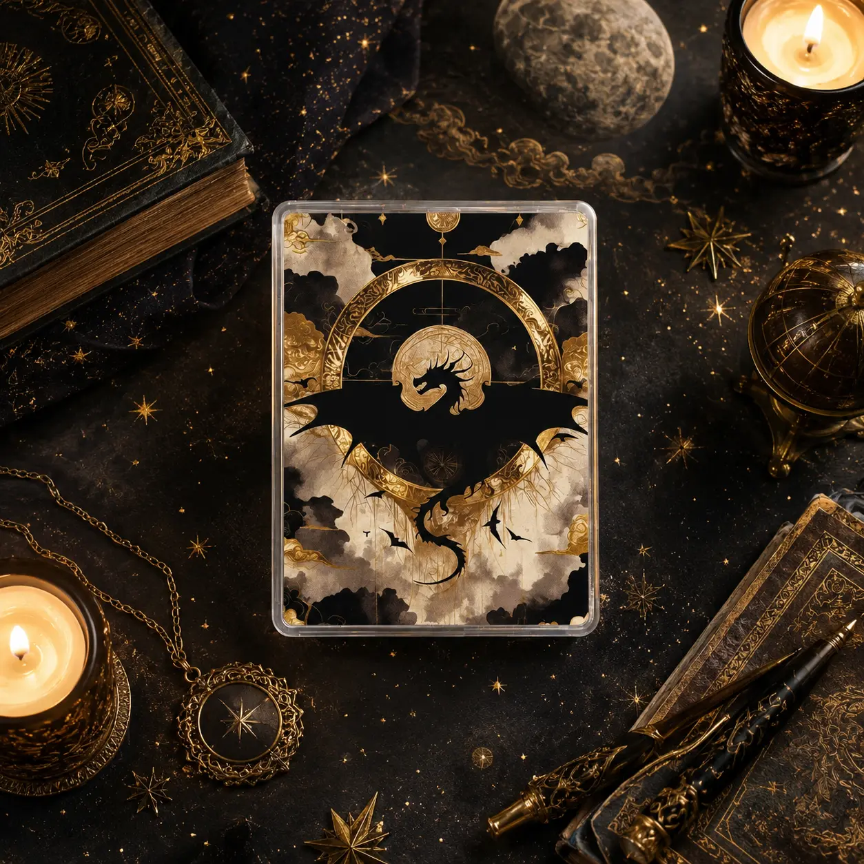 2D Acrylic Dragon Silhouette Phone Grip - Celestial Golden Magic Circle Expandable Phone Stand Holder Anti-Drop Finger Grip