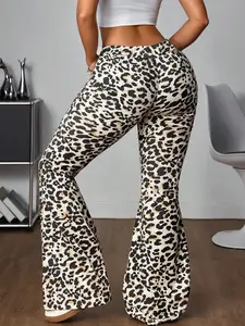 Women's Leopard Print Flare Leg Pants, Casual Fashion Fitted Comfy Stretch Bell Bottom Trousers for Daily Wear, Ladies Bottoms for All Seasons