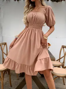Women's Square Neck Midi Dress, Fluffy Short Sleeve with Ruched Waist and Scallop Hem, Elegant Feminine Office and Business Casual Dress
