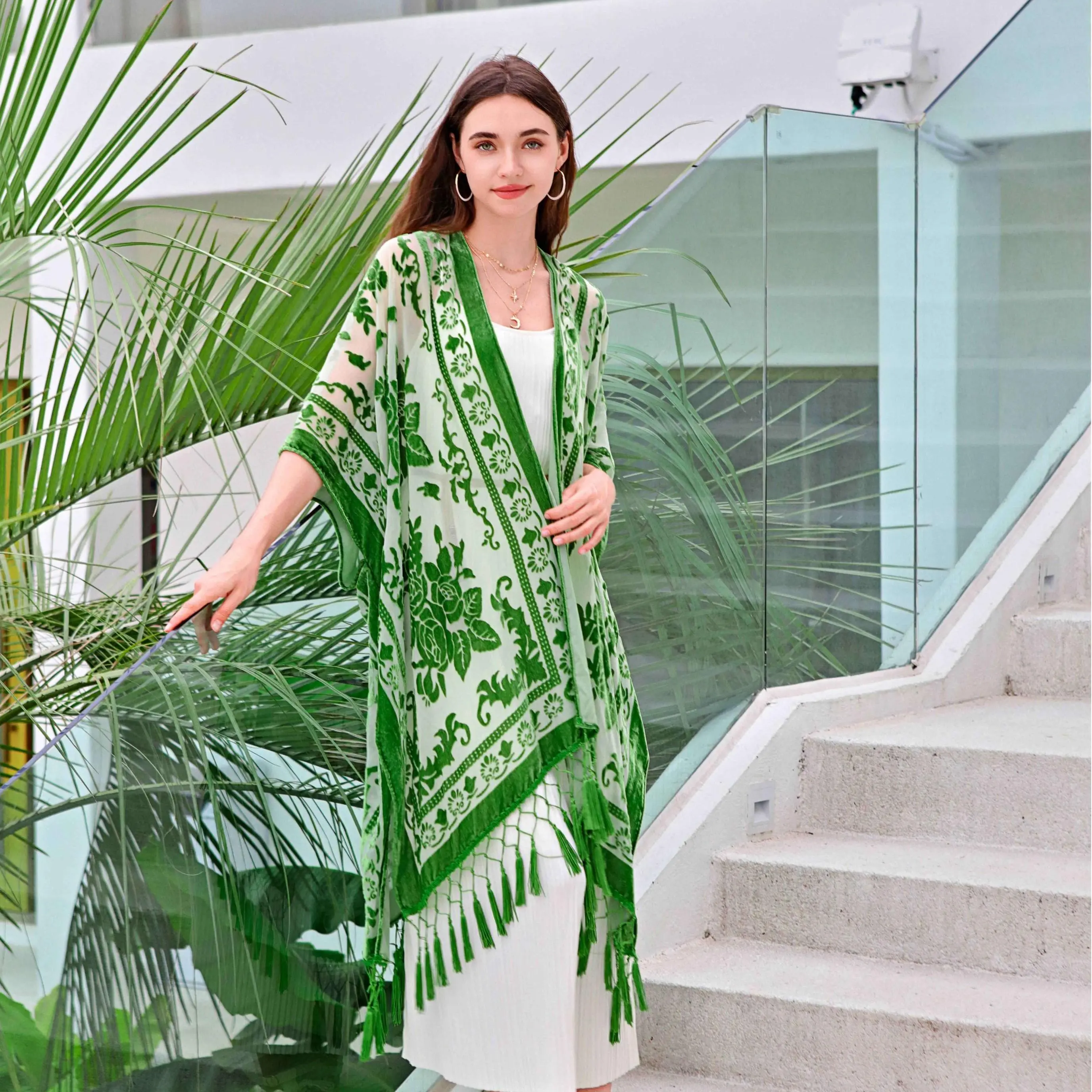 Long Velvet Kimono Cardigan for Women,  Special Design Pattern Placement Printing Velvet Kimono Cover Up with Tassels, Dark Green, Free Size