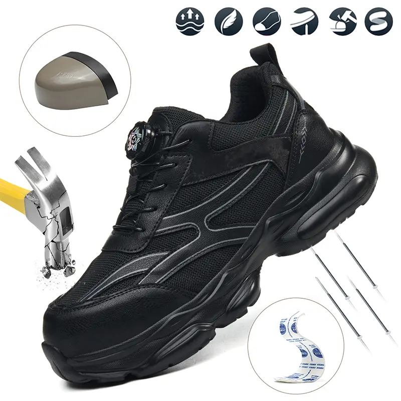 Lightweight Steel Toe Work Sneakers Auto Twist Quick Laces Air Cushion Anti Slip Breathable Safety Footwear for Construction Warehouse