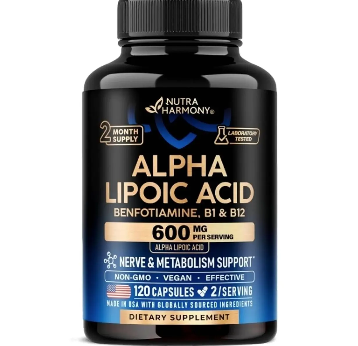 Alpha Lipoic Acid 600mg - ALA Supplement + Benfotiamine B1 & B12 - 120 Caps | Alpha Lipoic Acid - Antioxidant, Nerve, Energy & Metabolism Support for Men & Women - Lab Tested, NON-GMO, Vegan