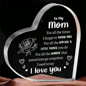 Love Mom Gift Cheap Gifts for mom Heart Shaped Acrylic Block keepsake, Flower & LetterPattern Decorative Ornament, Christmas Gifts Thanksgiving 'Day Gift Room DecorInspirational best mom award Gift