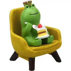 Miniature Frog Eating Cake Figurine - Funny Shelf Desk Decoration - Perfect Cute Frog Gift (Yellow Sofa)