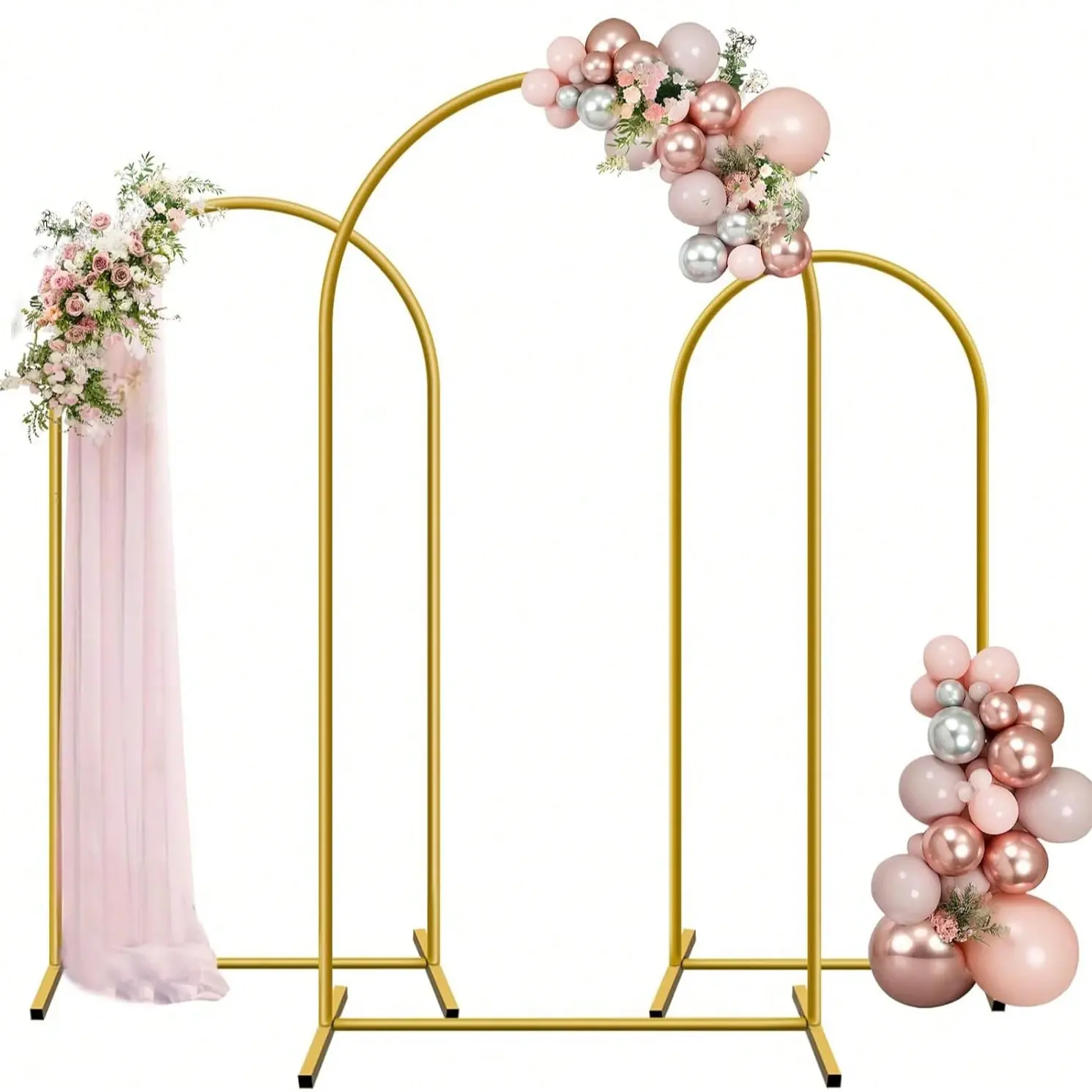 Arch Backdrop Stand Set of 3, 7.2FT & 6.6FT & 6FT Gold Metal Arch Backdrop Stand for Wedding, Birthday Party, Graduation, Holiday Celebration, and Ceremony Decoration