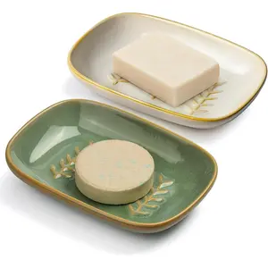 2 Pack Ceramic Soap Dish, Decorative Soap Holder for Bar Shampoo Sponge, Cute Soap Saver Tray for Bathroom Kitchen Sink, Easy to Clean