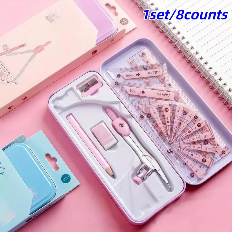 8 Piece Set Ruler Compass Pencil Set, Geometry Math Drawing Measuring Instrument Stationery, Essential School Home Office Supplies, Back-To-School Gift, Classroom Prizes