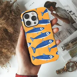 Playful Blue Fish with Bright Orange, Unique Sea-Inspired Design – Monogrammed Tough Iphone 16 Pro Max Case | Gift for Dad | Magnetic & Durable Vintage Pattern