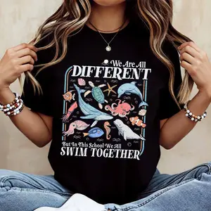 Sea Creatures And Different Text Print T Shirt Women Casual Loose Fit Short Sleeve Top Summer Beach Style Fashion Clothing