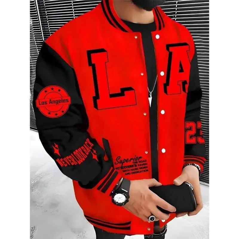 Men's Los Angeles LA jacket red and black with white lettering superior quality embroidery lightweight warm polyester varsity coat with pockets hip hop rock style Baseball Menswear