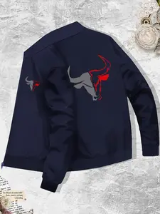 Men's Bull Head Print Zip Up Jacket, Regular Fit Casual Stand Collar Long Sleeve Outerwear for Spring & Fall, Fashion Men's Clothes for Daily Wear, Coats, Menswear