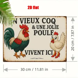 [French Rooster Metal Sign] French Rooster & Hen Theme 1pc Metal Wall Sign | 2D Iron Art Mural, 7.8x11.8inch, Suitable for Home Courtyard, Garden, Backyard, Chicken Coop, Farm, Ranch, Ideal Gift for Friends