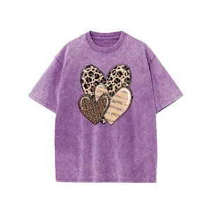Women's Vintage Acid Wash Oversized T-Shirt, Leopard Print Hearts Graphic Tee, Retro Washed Loose Fit Short Sleeve Top, Y2K Streetwear Casual Valentine's Day Gift