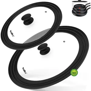 Universal Lid, Tempered Pan Lid with Heat Resistant Silicone Rim, Fits All 7" to 12" Diameter Cookware, Pots, Pans and Skillets (2Pk)