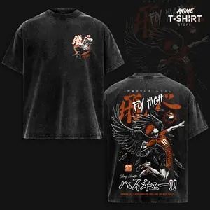 Haikyuu Shoyo Hinata Fly High Graphic T-Shirt - #10 Karasuno Volleyball Anime Oversized Vintage Tee, FDY High Wings Orange Black Washed Cotton Unisex Otaku Merch