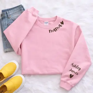 Custom This Mama Wears Her Heart On Her Sleeve Sweater, Personalized Mom With Kids Names Shirt, Motherhood Gift, Mother's Day Gifts