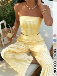 Women's Summer Vacation Striped Crop Top and High-Waisted Wide-Leg Pants Set, Casual Slim-Fitting Blouse and Outer Vest Combo