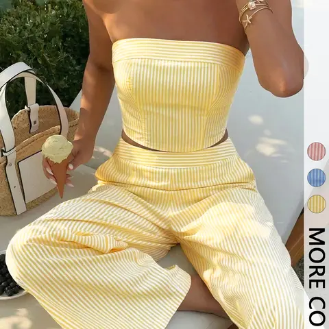 Women's Striped Strapless Sleeveless Crop Top and High-Waisted Wide-Leg Pants Set , Casual Slim-Fitting Blouse and Outer Vest Combo, Summer, Summer Matching Set