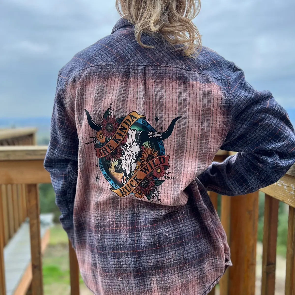 She Kinda Buck Wild Bleach Distressed Flannel Shirt