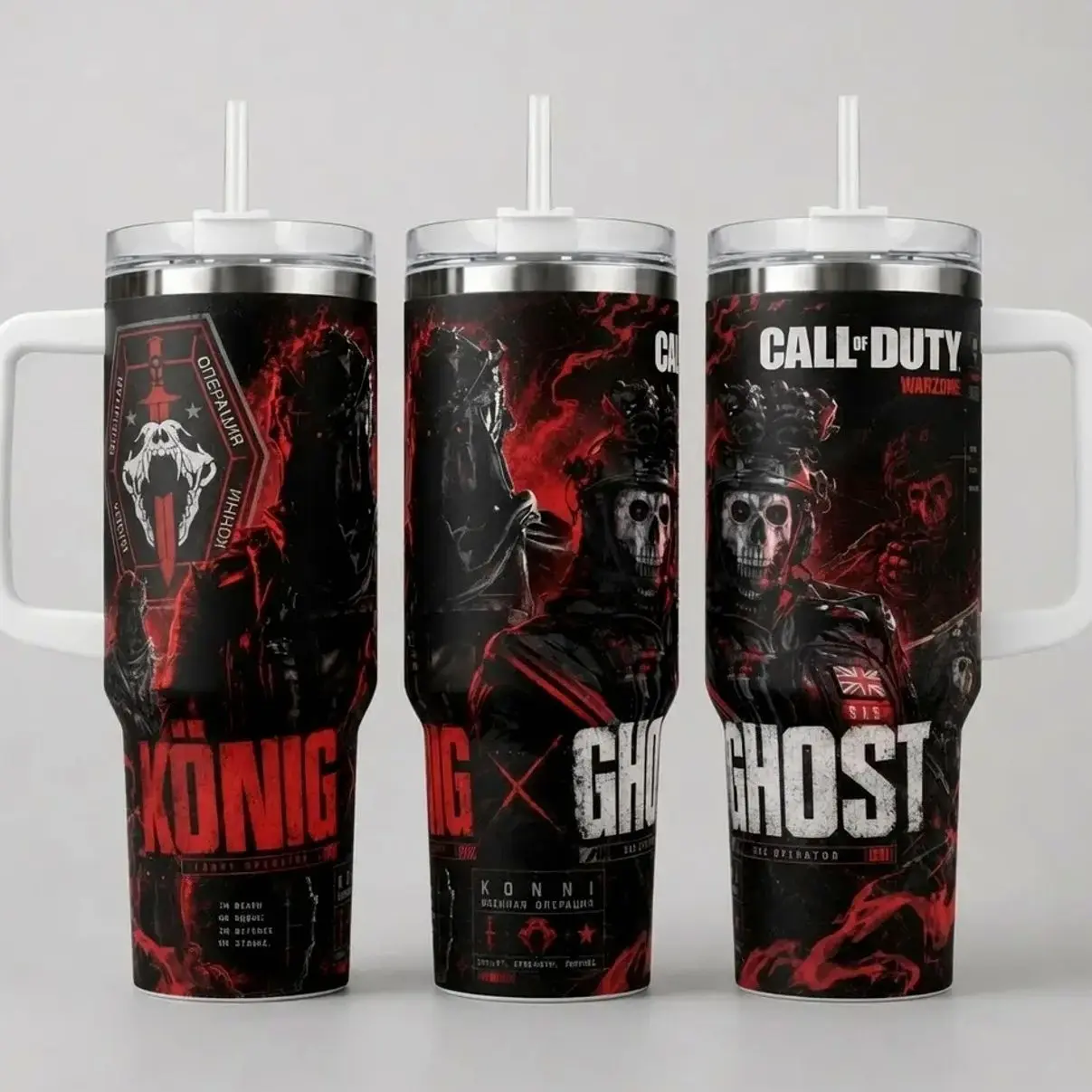 Ghost & Koonig Call of Duty Tumbler Collection, 40oz & 20oz Tactical Special Ops Operator Insulated Stainless Steel Travel Mug with Handle and Straw, Military Warfare Gaming Merch Gift for Fans.