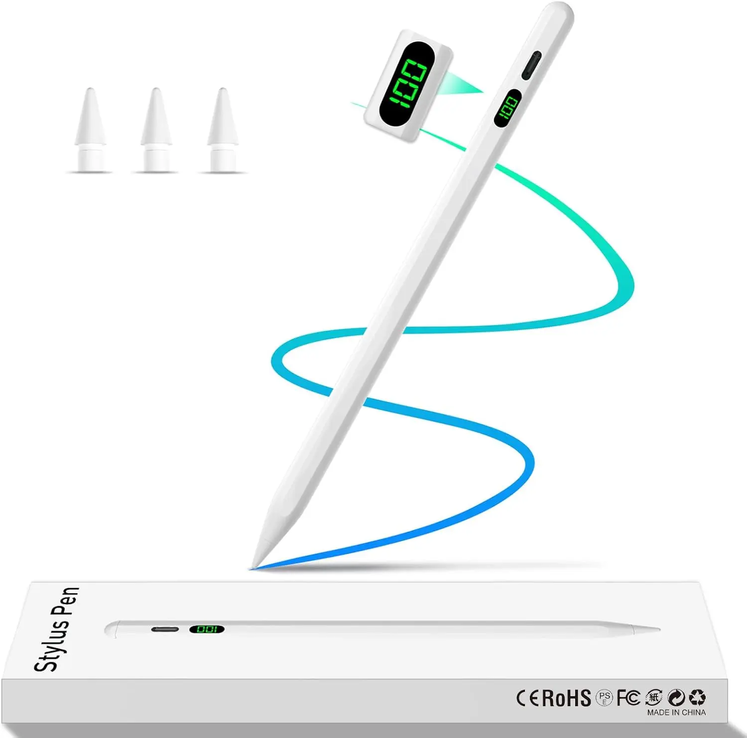 LED Display Stylus Pen for iPad, USB-C Rechargeable Capacitive Pencil with Palm Rejection, Fits iPad 6th-11th Gen, Air 3/4/5/11/13(M2/M3), Pro 11/12.9(4-6th Gen), Mini 5/6/7, Fast Charging BackToSchool