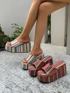 Women's Open Toe Thick Sole Wedge Sandals, Casual Trendy Sandals, Shiny Stylish Summer Platform Slide Slippers, Ultra High Heel Trendy Footwear, High Wedge Heels, Wedge Peep Toe