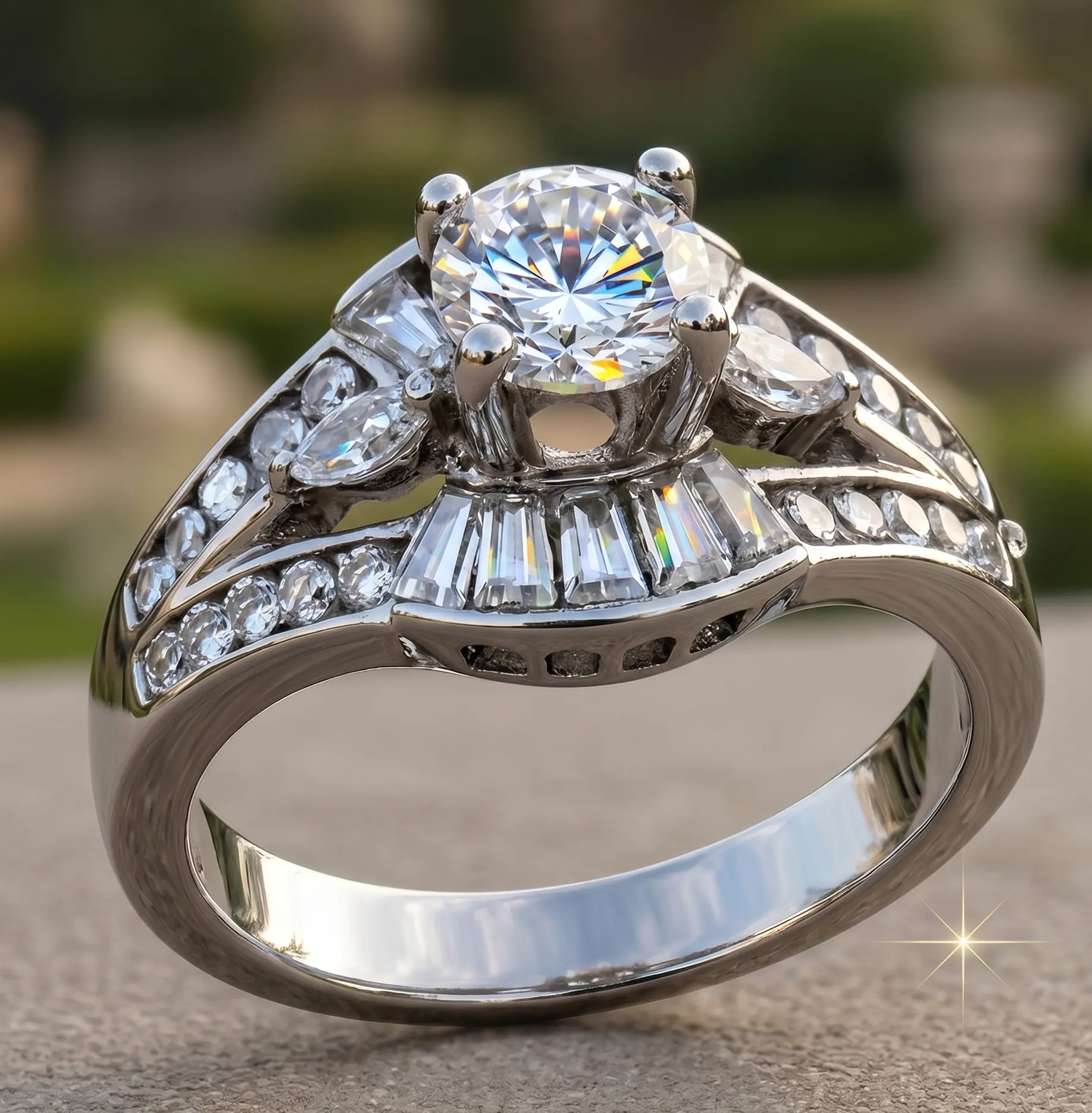 Women’s Art Deco Ballerina Wedding Ring 316L Stainless Steel Vintage Sunburst Statement Ring Hypoallergenic Tarnish Free Cubic Zirconia Marquise 5x5mm Round Cut