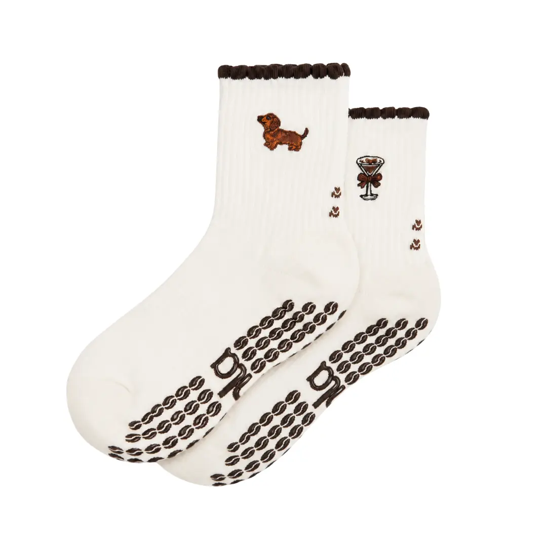 The Weenie & Espresso Martini Double Embroidery Grip Sock with espresso bean grips for Pilates, Barre, Lagree, and Yoga