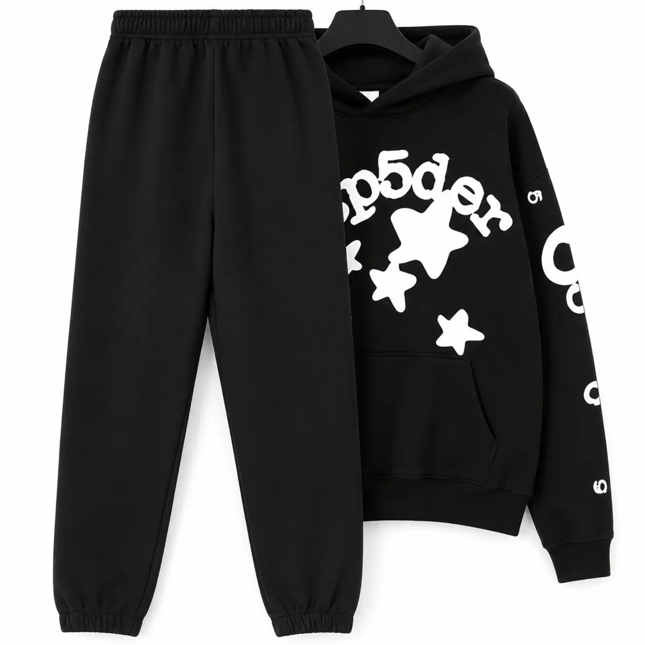 Men's and women's street punk oversized hooded sweatshirt sets, spider web rhinelstone hooded sweatshirts, hip-hop fashion letter aesthetic sweatshirts, gender neutral sets, couple sets