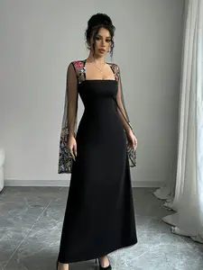 A black lace off-shoulder elegant floral dress with embroidery for women, suitable for summer, suitable for evening parties, weddings, and balls.