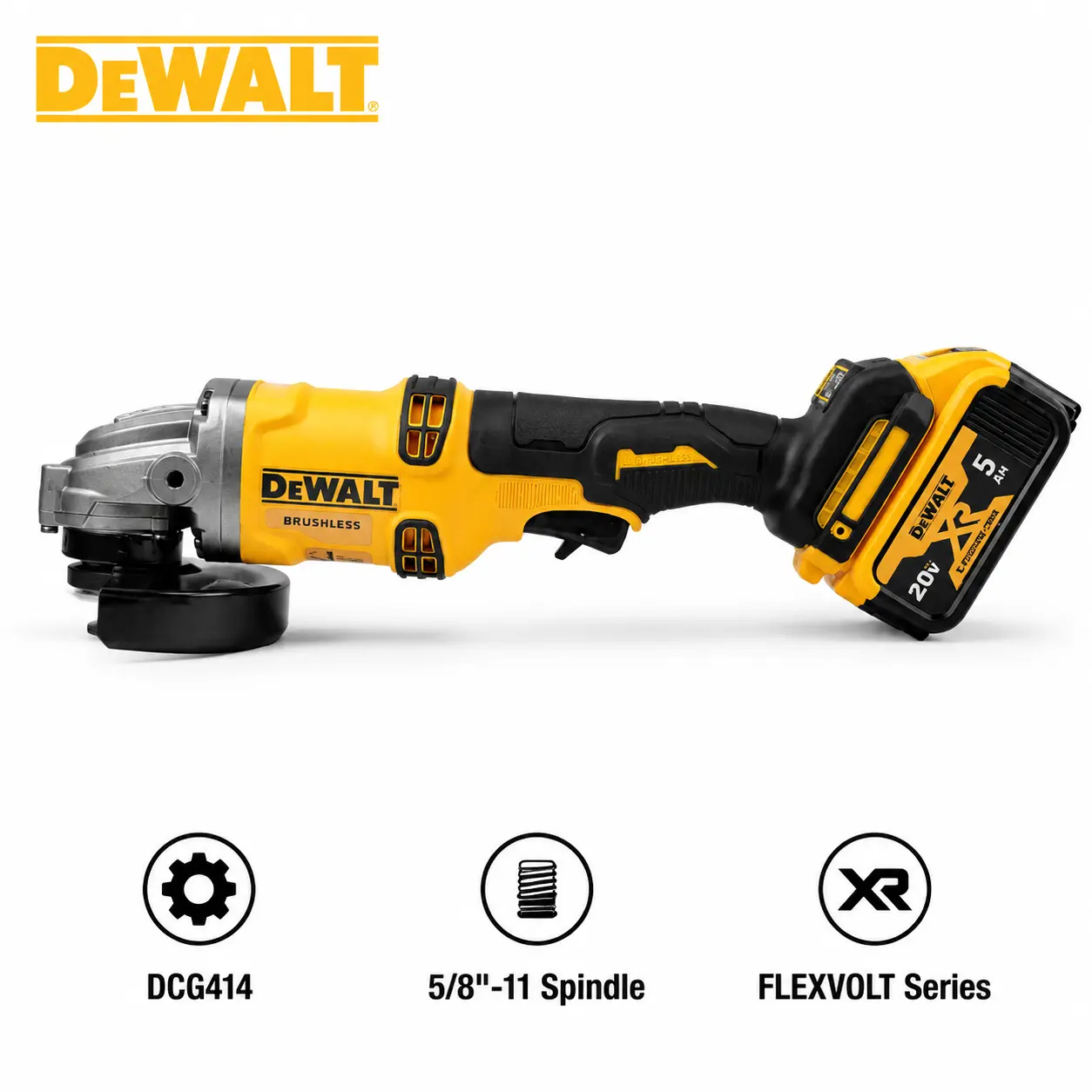 DEWALT DCG414 20V/60V MAX FLEXVOLT Brushless 4.5" to 6" Cordless Angle Grinder Tool Kit with 5.0Ah Battery, M14 Spindle, 9000 RPM, Electronic Brake & E-Clutch for Heavy Duty Metal Fabrication, Cutting & Grinding
