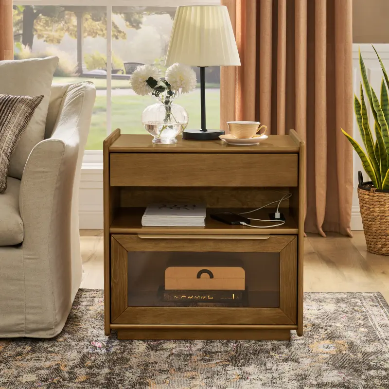 Light Walnut Mid Century Modern Nightstand - 2 Drawers, Charging Station, Outlet Hole, Open Shelf, Thick Base, Unique Form, Wood Grain Countertop, Retro Colors, USB Ports, Casual Bohemian Style, Easy Setup - Indoor Side Table for Living Room, Dorm, 50S St