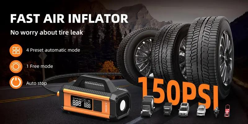 Portable 4000A Car Jump Starter with Air Compressor, 150PSI Tire Inflator for 8.0L Gas & 6.0L Diesel Engines
