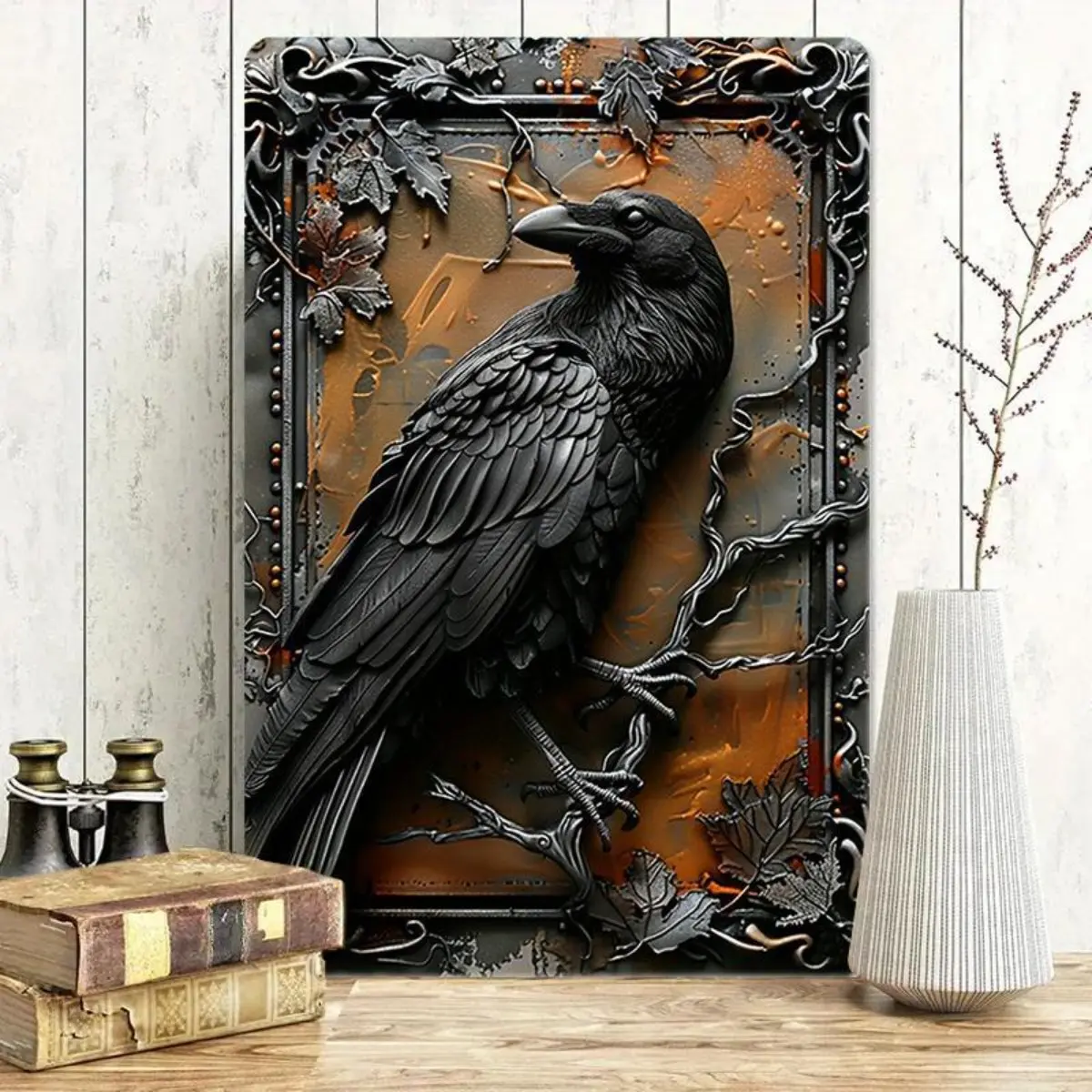 Vintage Raven Metal Wall Art, Hand Drawn Artwork, Sign with Intricate Branch & Wing Design, Weatherproof and Pre-drilled for Home, Cafe, Bar, Garden, Garage Decor, Poster