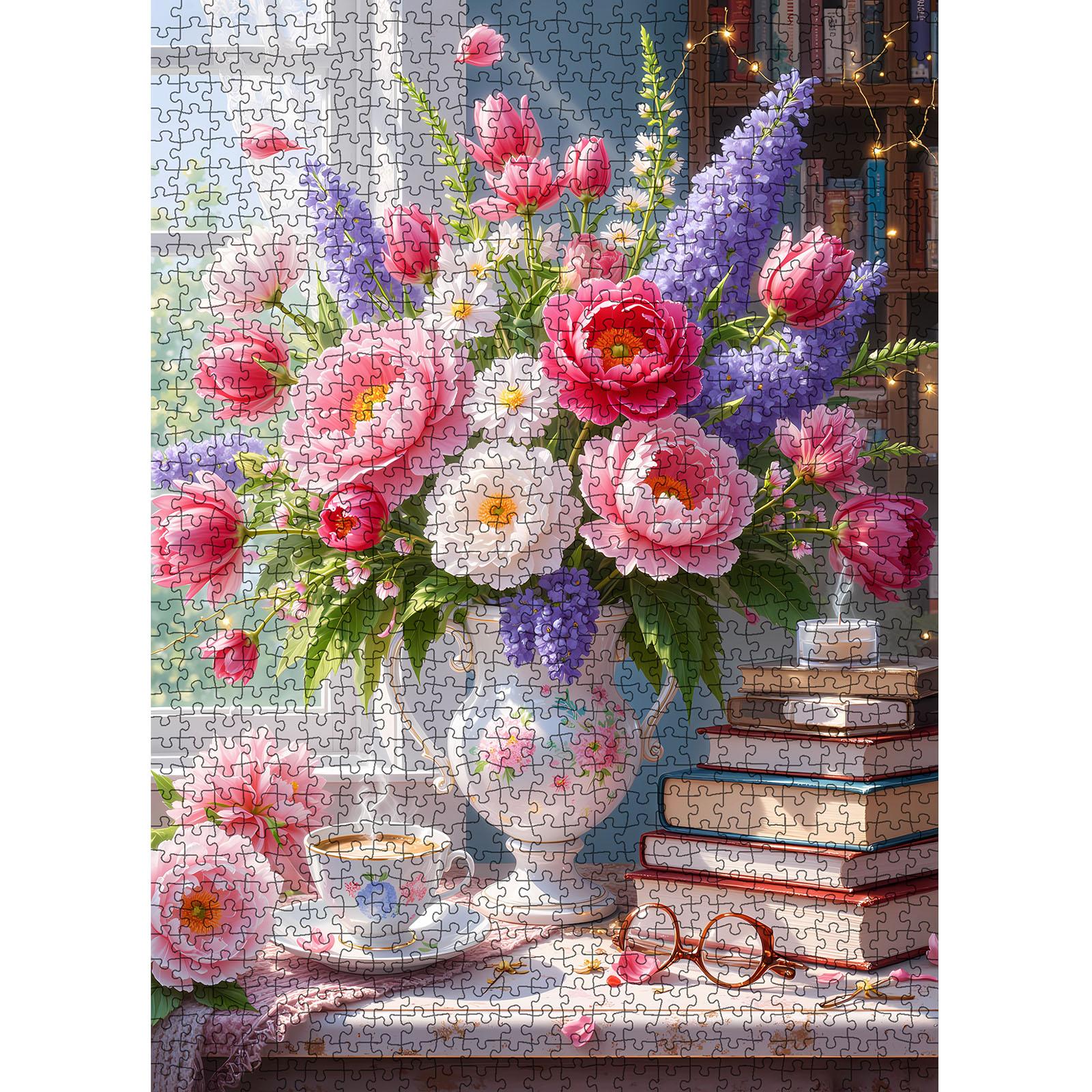 Tucocoo Romantic Flower Arrangement with Books 1000 Pieces Jigsaw Puzzle for Adult, pink blooms in vase beside stacked books warm light cozy reading scene, relaxing hobby brain training family fun decorative wall art gift 27.5x20inch 70x50cm