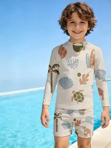 Spring and Summer Collection Seashells Palm Trees Turtles Surfboards Leaves Houses Boys' Leica Shorts + Long Sleeve Swimsuit Set two-piece sun protection Quick-drying and breathable, skin-friendly and soft Beach vacation, versatile and casual