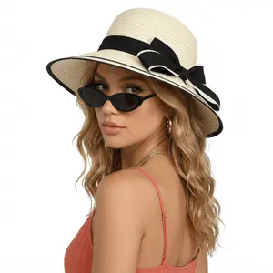 Women's Wide Brim Straw Sun Hat - Elegant Beach Floppy Hat with Black Bow