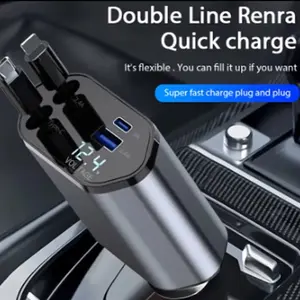 Double Line Renra Quick Charge Car Charger Adaptor 120W Fast Charge USB Type C with Retractable Cords for iPhone