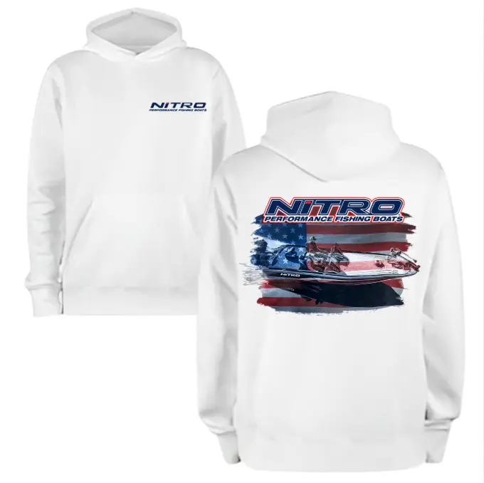 Nitro Boats Vintage Streetwear Fishing Hoodie, American Flag Boat Graphic Pullover, Soft Cotton Blend Outdoor Hoodie for Men & Women, Fishing Enthusiast Gift