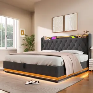 Upholstered Twin/Full/Queen/King Size Bed Frame with Lift Up Storage & LED Lights, Hydraulic Storage Bed with USB Type-C Charging, Linen King Bed Frame with Headboard, No Box Spring Needed, Easy Setup