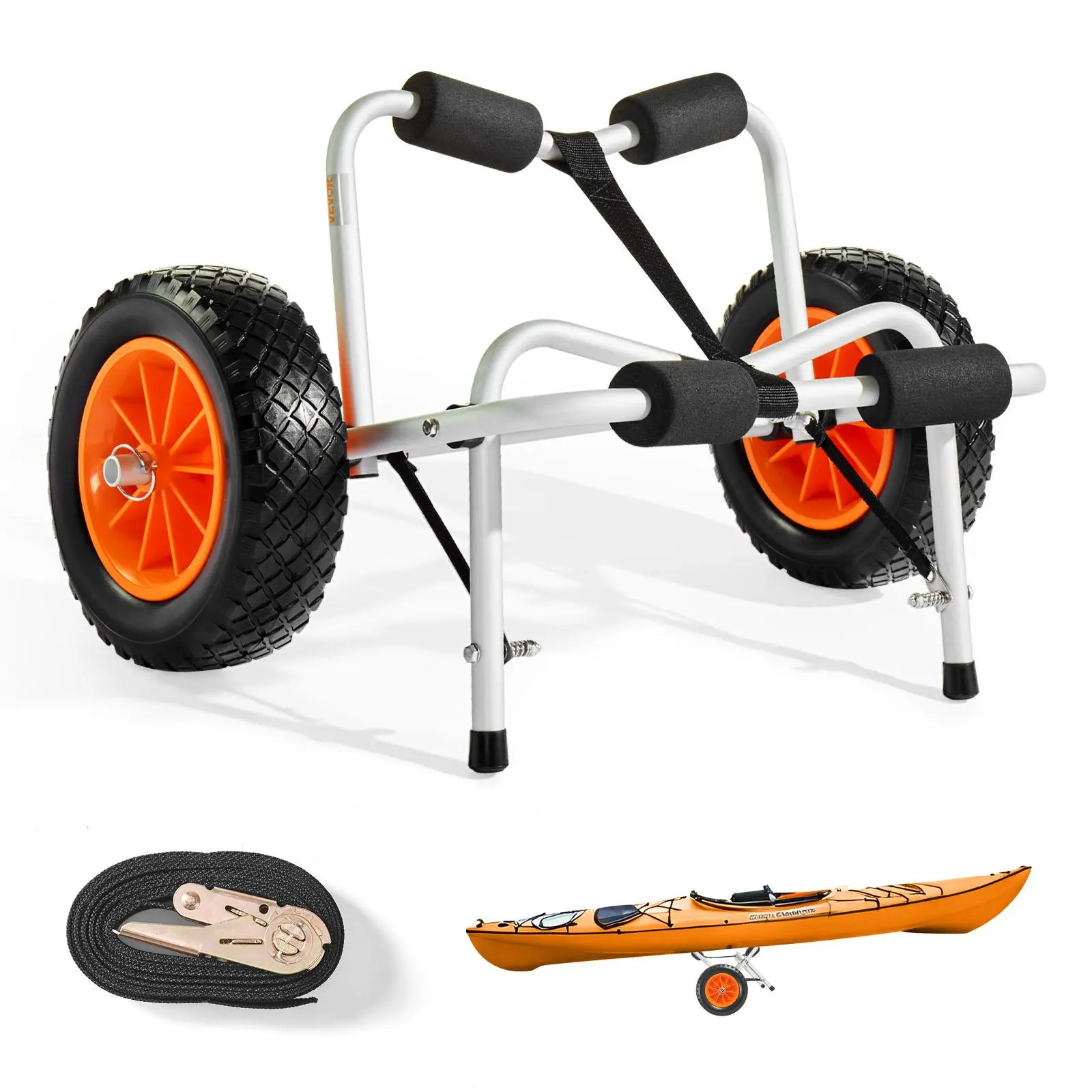 【summerfinds】VEVOR Kayak Cart, 113.4 kg Load Capacity, Foldable Kayak Trolley with 25.4 cm Solid Rubber Tires & 1 Ratchet Strap, Paddle Board Trolley for Carrying Kayaks, Canoes, Paddleboards, Float Mats,Jon Boats