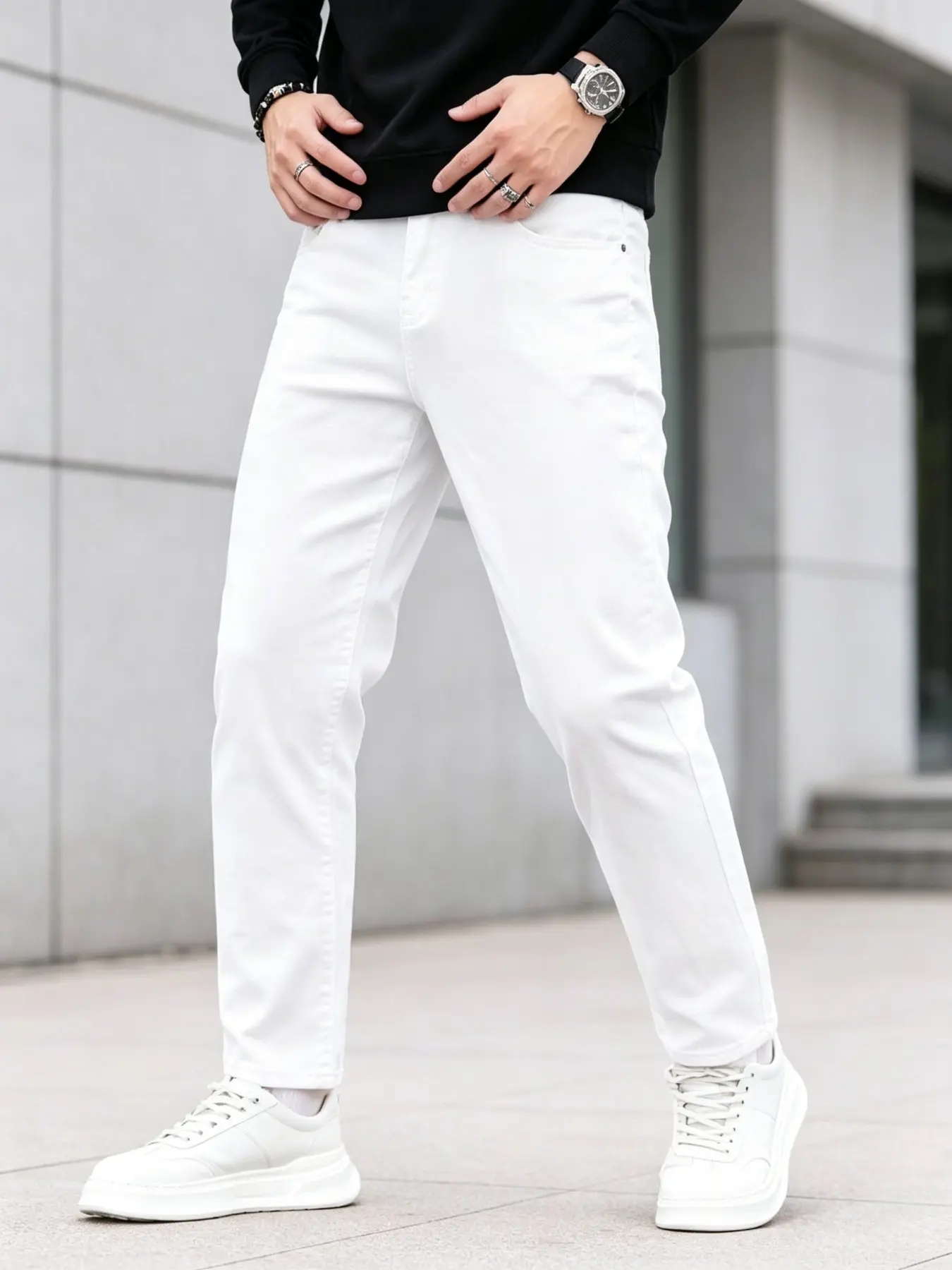 Men's Stretch Slim Fit Solid White Classic Jeans, All-Season Daily Casual Wear, Durable & Machine-Washable Casual Fashion Denim, Minimalist Slimming Design, Essential for Commutes & Dates
